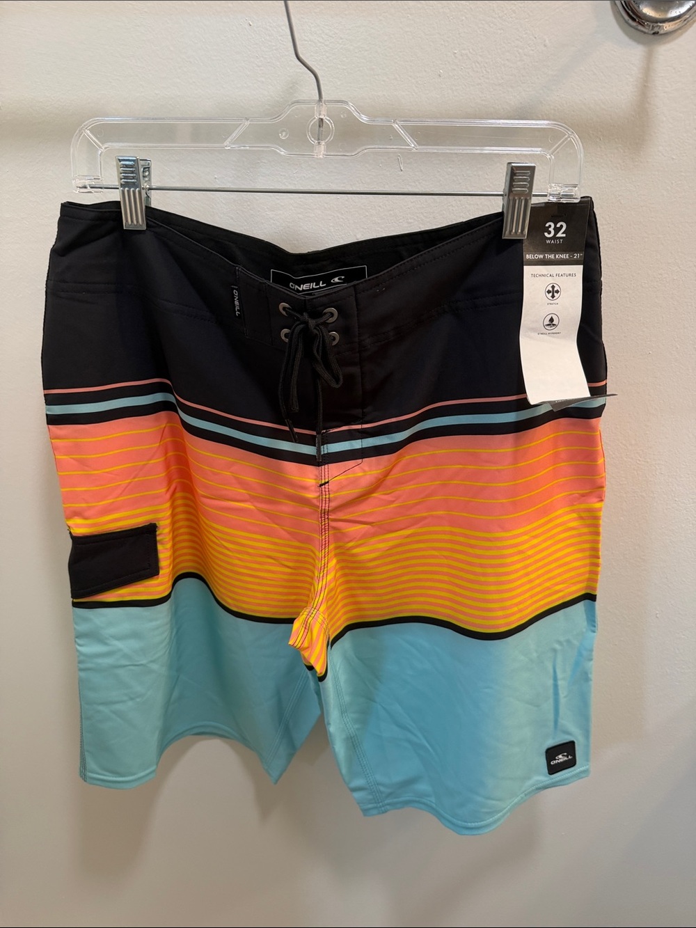 O'Neill Men's Black, Coral, Yellow & Aqua Stripe Boardshorts